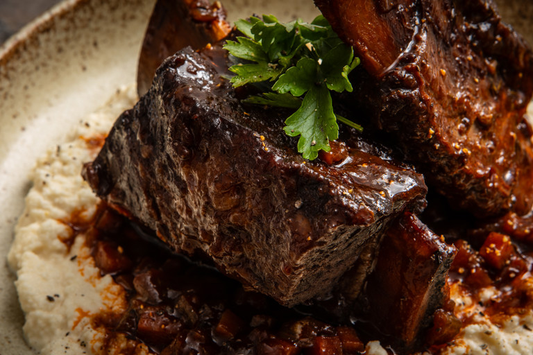 Marmite-braised short ribs with celeriac purée