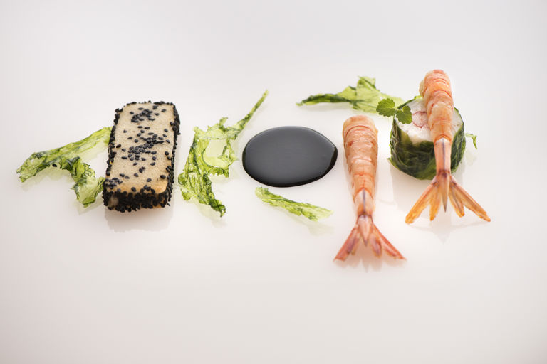 Red prawn, cuttlefish and sea lettuce