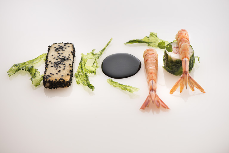 Red prawn, cuttlefish and sea lettuce