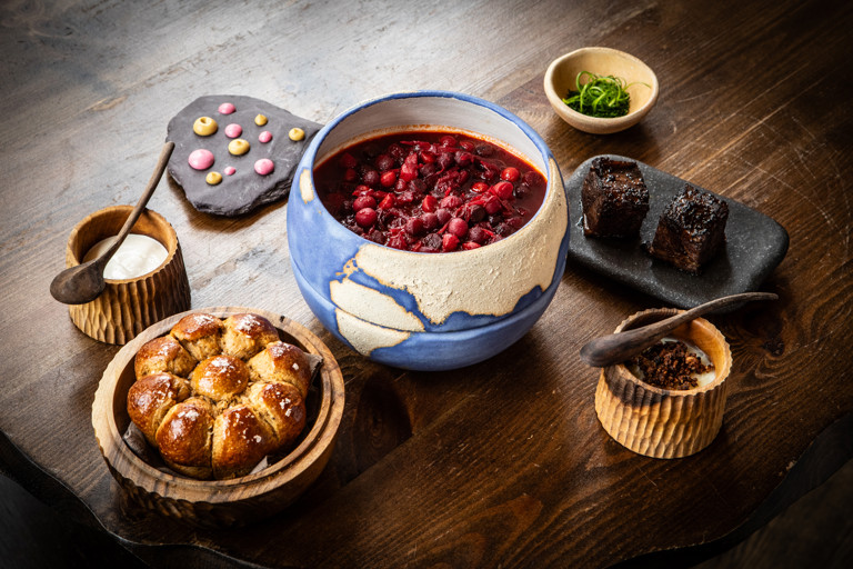 Beetroot borsch with beef short ribs and black garlic brioche