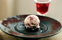 Chocolate, juniper and sloe gin pudding with damson ripple ice cream
