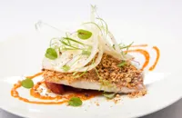 Slow-cooked crusted sea bream, Andalusian tomato, smoked almonds, fennel, lemon