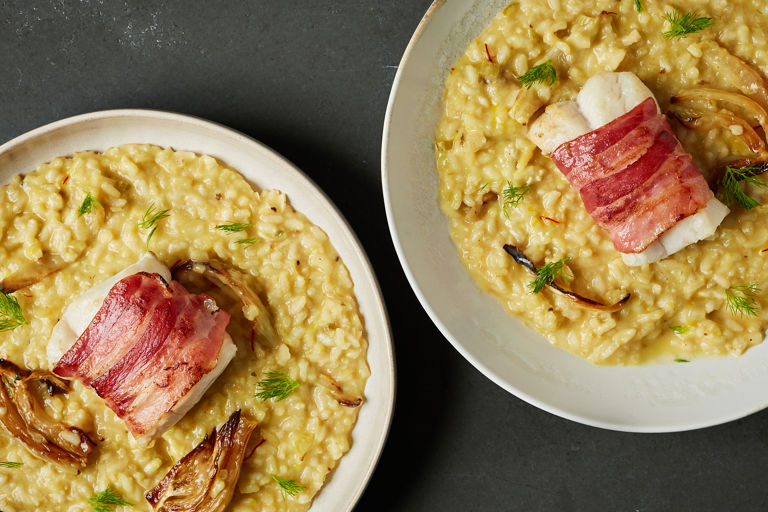 Pancetta-wrapped cod with fennel and saffron risotto