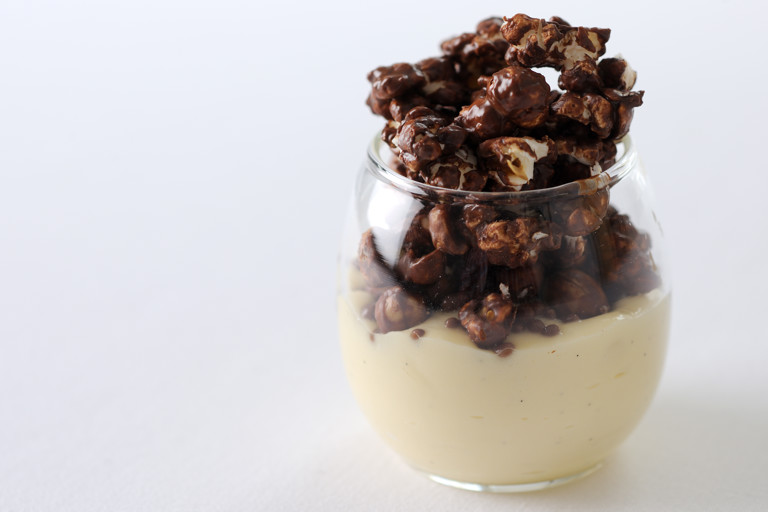 Chocolate peanut popcorn and coconut custard
