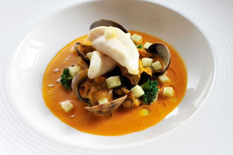 John Dory with clams, apple and curry