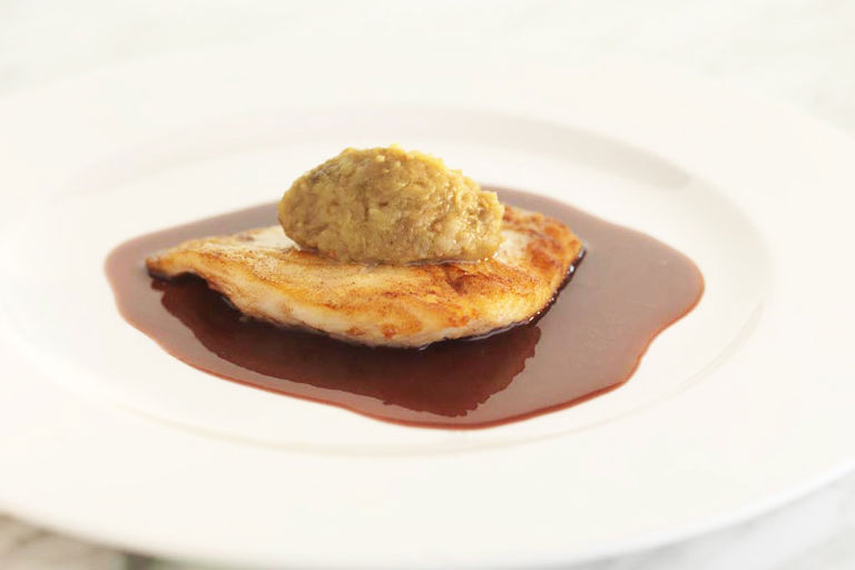 Roast turbot with five-spice aubergine caviar and a red wine sauce