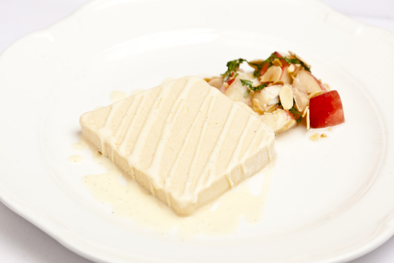 Peach parfait, orange crème anglaise, peach and mint salad