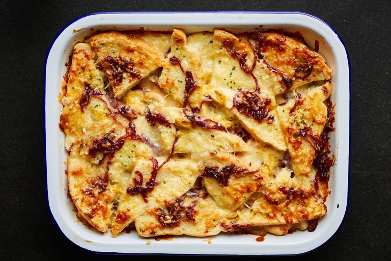 Savoury cheese and onion bread and butter pudding