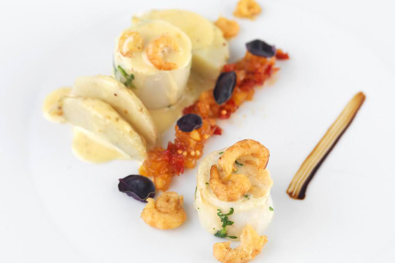 Smoked haddock ballotine with artichoke vinaigrette and liquorice and pineapple relish