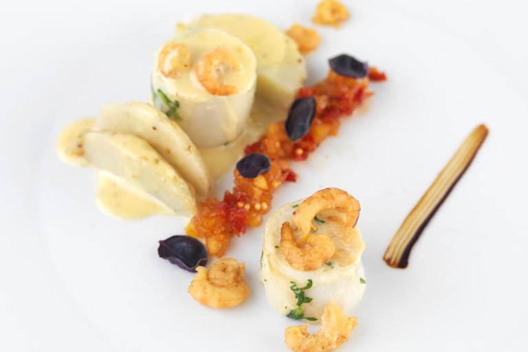 Smoked haddock ballotine with artichoke vinaigrette and liquorice and pineapple relish
