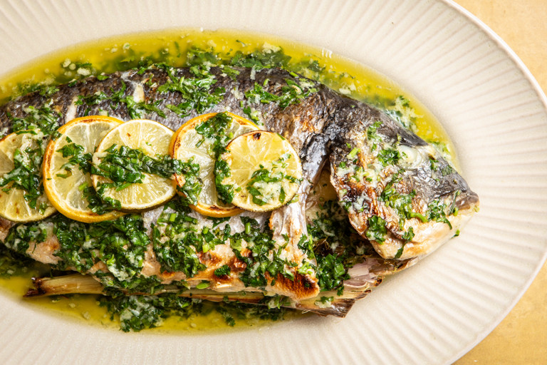 BBQ bream with coriander and basil butter