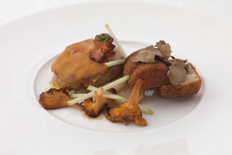 Roasted foie gras with apple, celeriac and truffle beignets