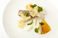 Pig's head terrine with parsnip toffee, pear, cumin and watercress