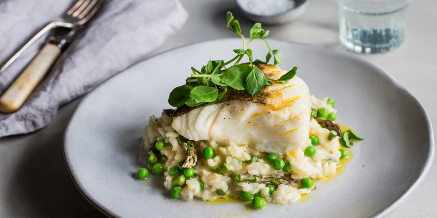 Cod with Pea and Asparagus Risotto Recipe Great British Chefs