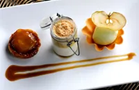 Assiette of apples with apple sorbet, panna cotta and butterscotch sauce