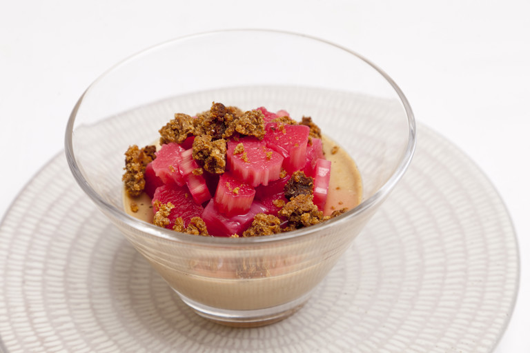 Liquorice panna cotta with Yorkshire rhubarb and parkin crumbs