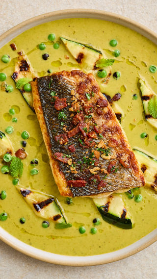 Sea bass with smoky pea and mint sauce and grilled courgettes recipe reel