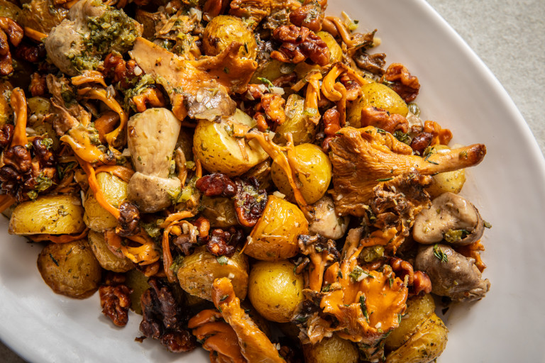 Baby potato salad with wild mushrooms, walnuts and a caper dressing