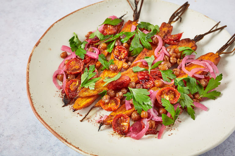 Roasted carrots and chickpeas with semi-dried tomatoes, pickled red onion, parsley and sumac dressing