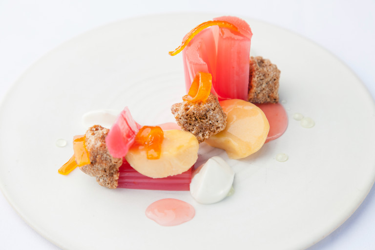 Rhubarb and custard with kumquat and crystallised ginger cake