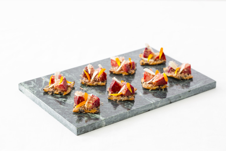 Caraway garibaldi, peach, dried venison