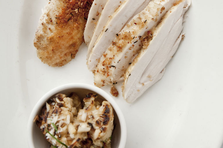 Poached and roasted chicken with almond and thyme crust and chargrilled cauliflower