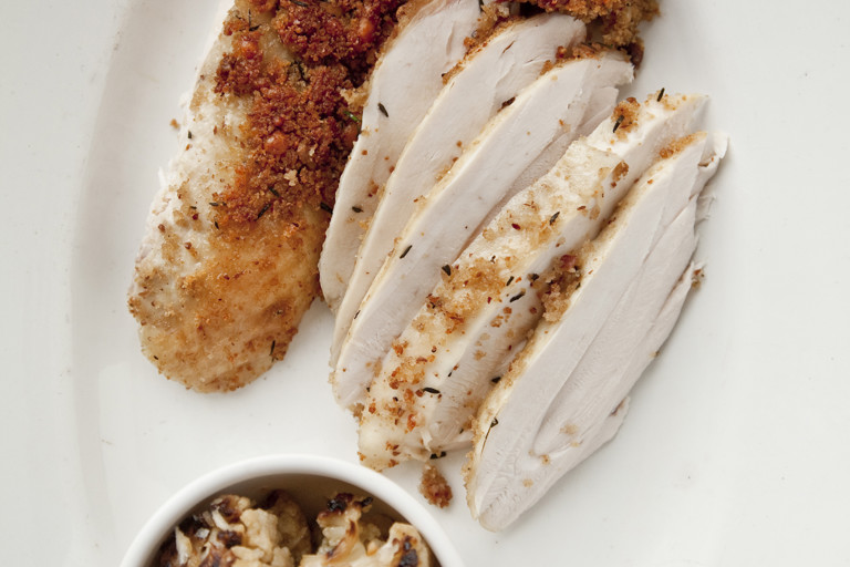 Poached and roasted chicken with almond and thyme crust and chargrilled cauliflower