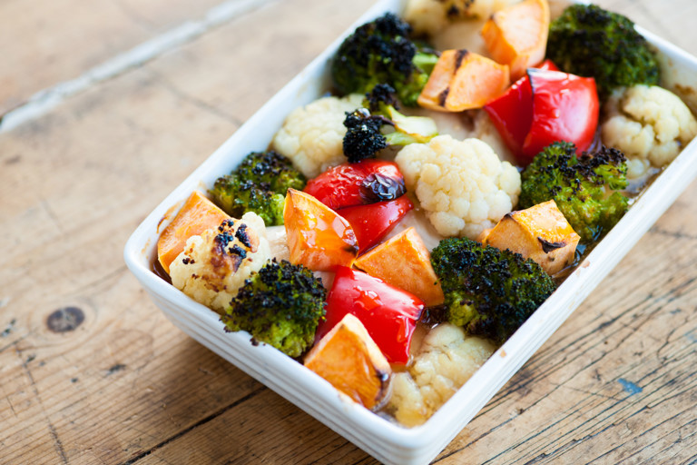 Sweet roasted chicken topped with cobbled vegetables