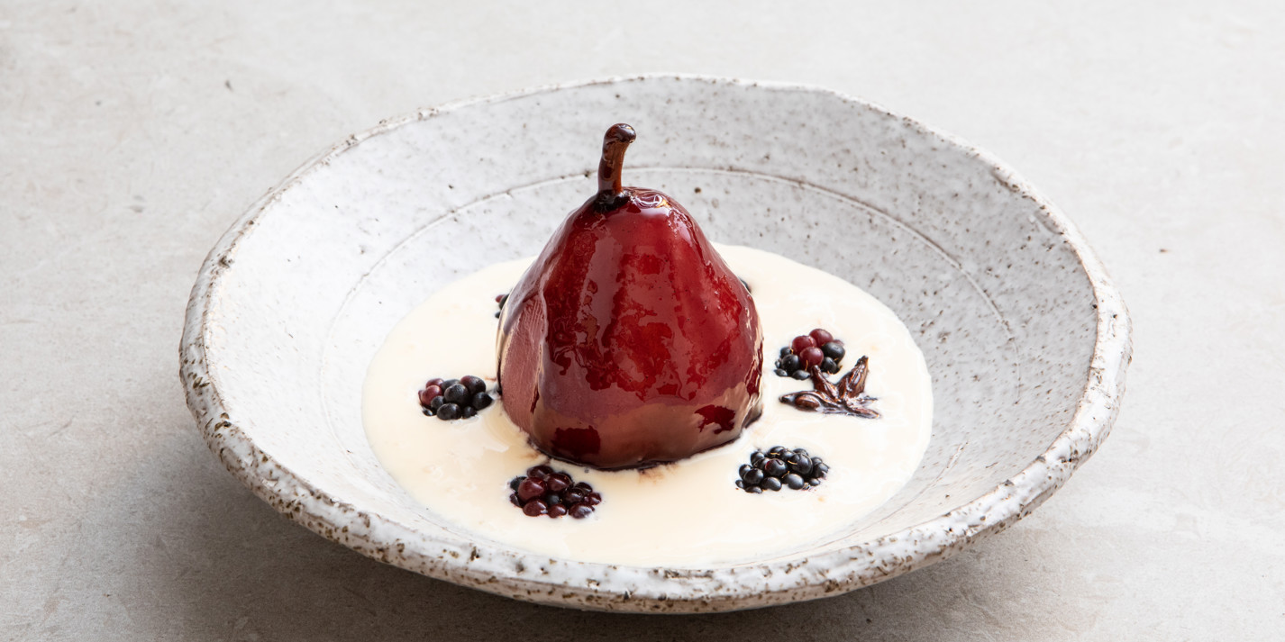 Rioja Poached Pears and Blackberries with Bay Leaf Custard Recipe
