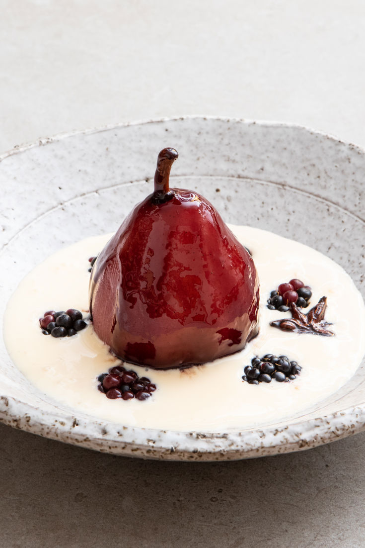 Rioja Poached Pears And Blackberries With Bay Leaf Custard Recipe ...