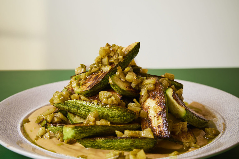 Courgettes, peanut tahini and pickled fennel