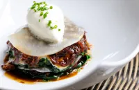 Oxtail and celeriac 'lasagne' with baby spinach and horseradish cream 