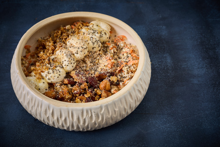 Spiced carrot cake overnight oats with whipped yoghurt frosting