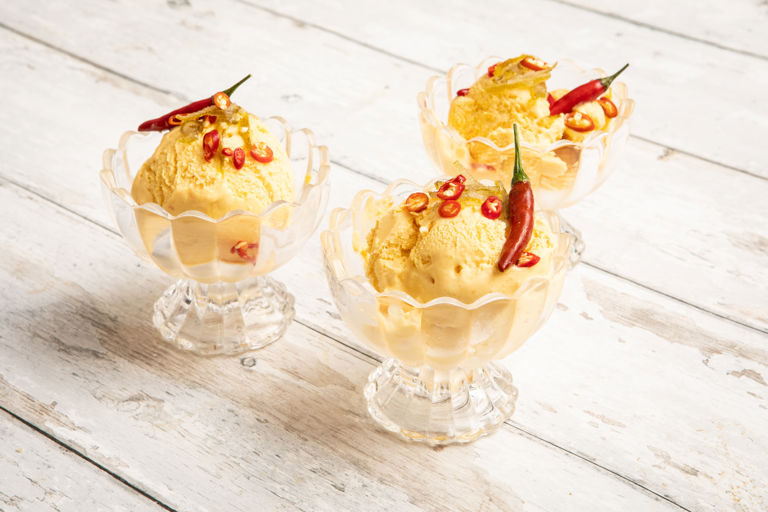 Mango and jalapeño gelato with fizzy candied lime peel