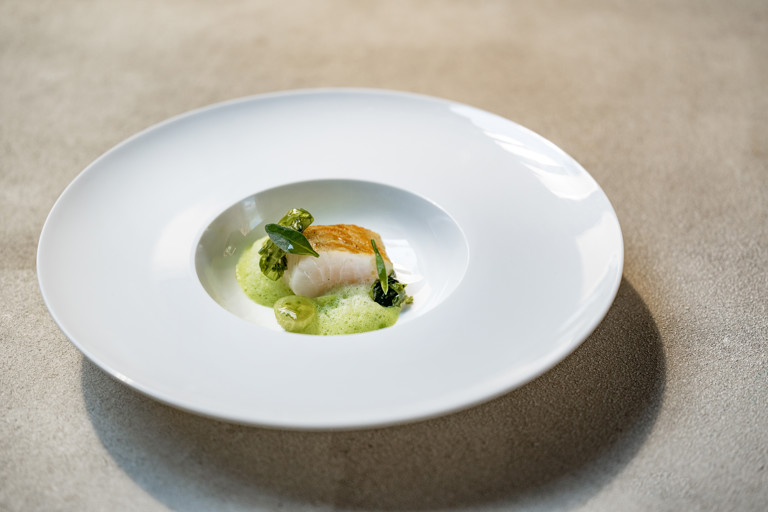 Pollock with gooseberries, courgette, crab and cucumber