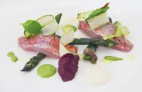 Red mullet with purple asparagus, mayonnaise, salad of gin and lemon