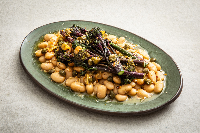 Tenderstem® Purple Broccoli, beans and capers in a lemon brown butter