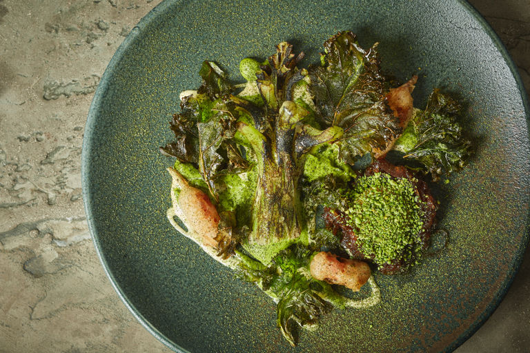 Broccoli stalk with confit egg and blue cheese