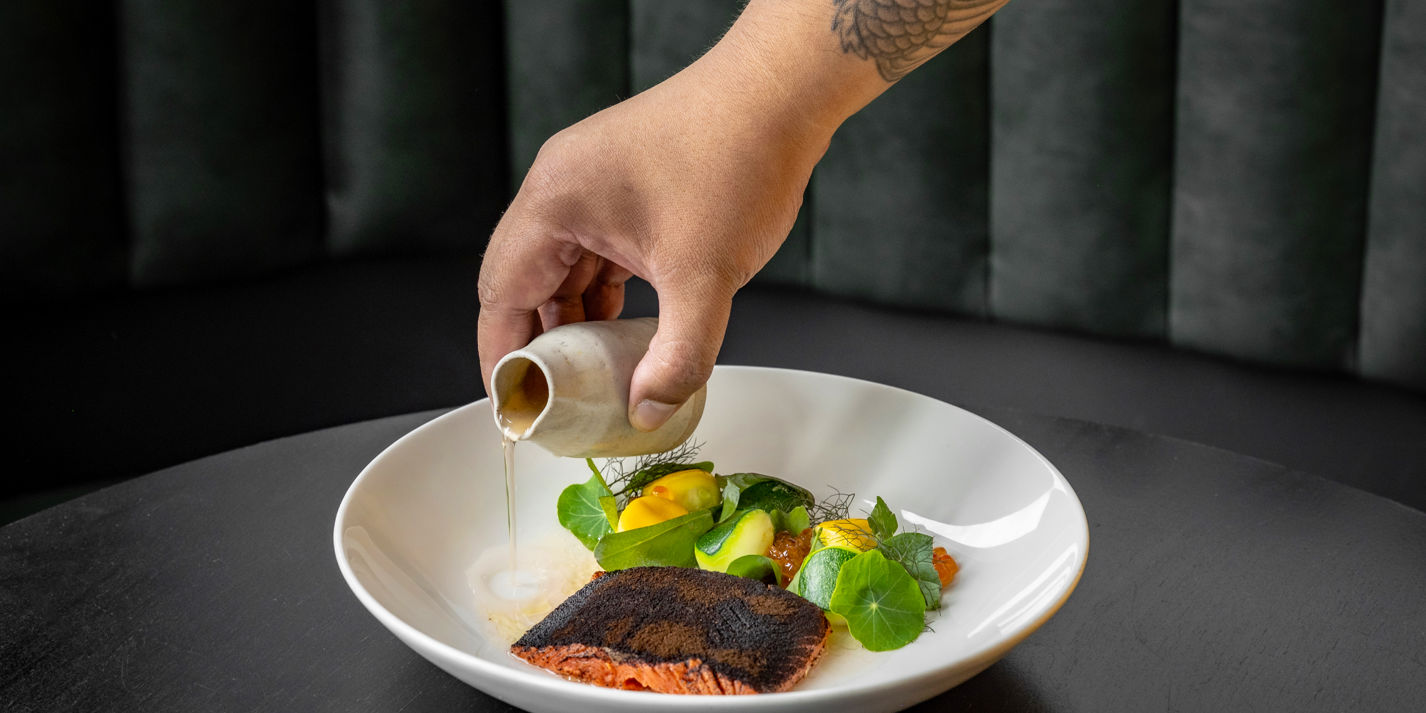 Confit Sockeye Salmon, Rhubarb Sinigang Consommé Recipe Great British Chefs