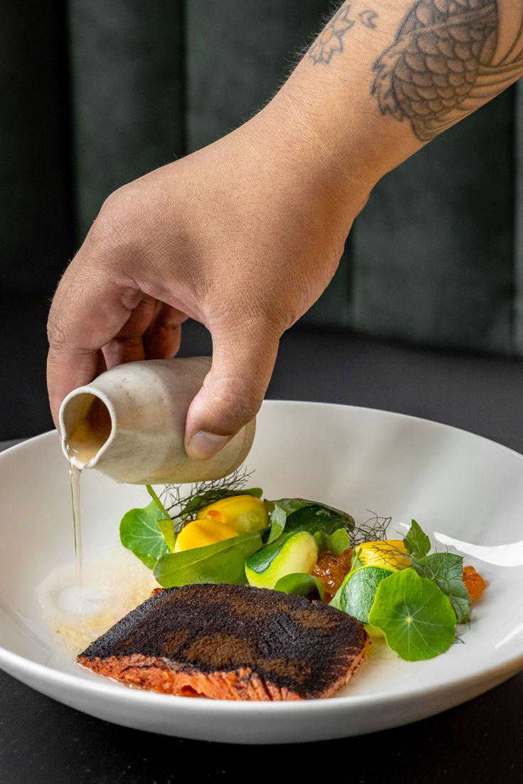 Confit Sockeye Salmon, Rhubarb Sinigang Consommé Recipe Great British Chefs