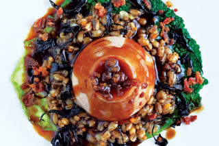 Mousseline of grouse with pearl barley, savoy cabbage, pancetta and red wine