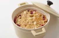 Apple and blackberry crumble with a Macadamia nut and vanilla topping