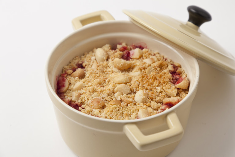 Apple and blackberry crumble with a Macadamia nut and vanilla topping