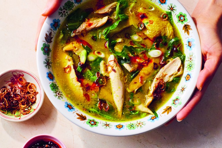 Soto ayam with spring greens