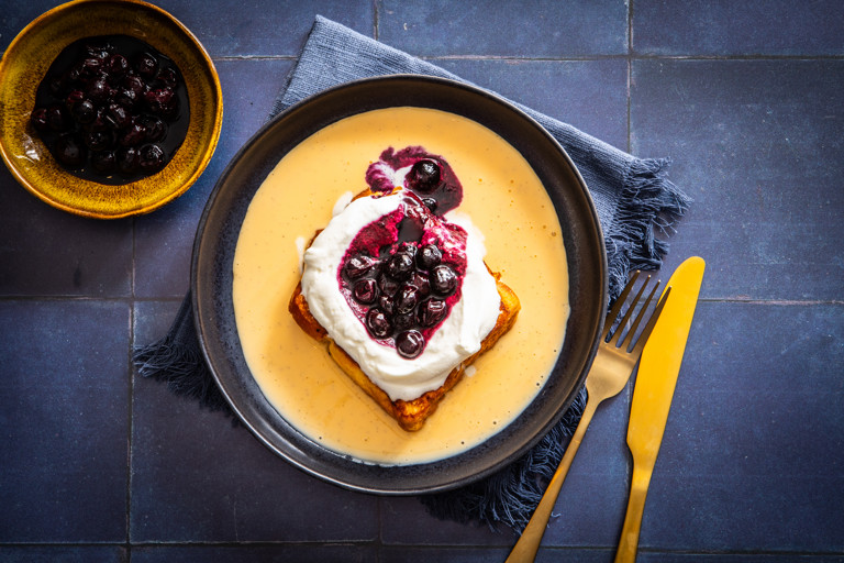 Blueberry French toast with crème anglaise