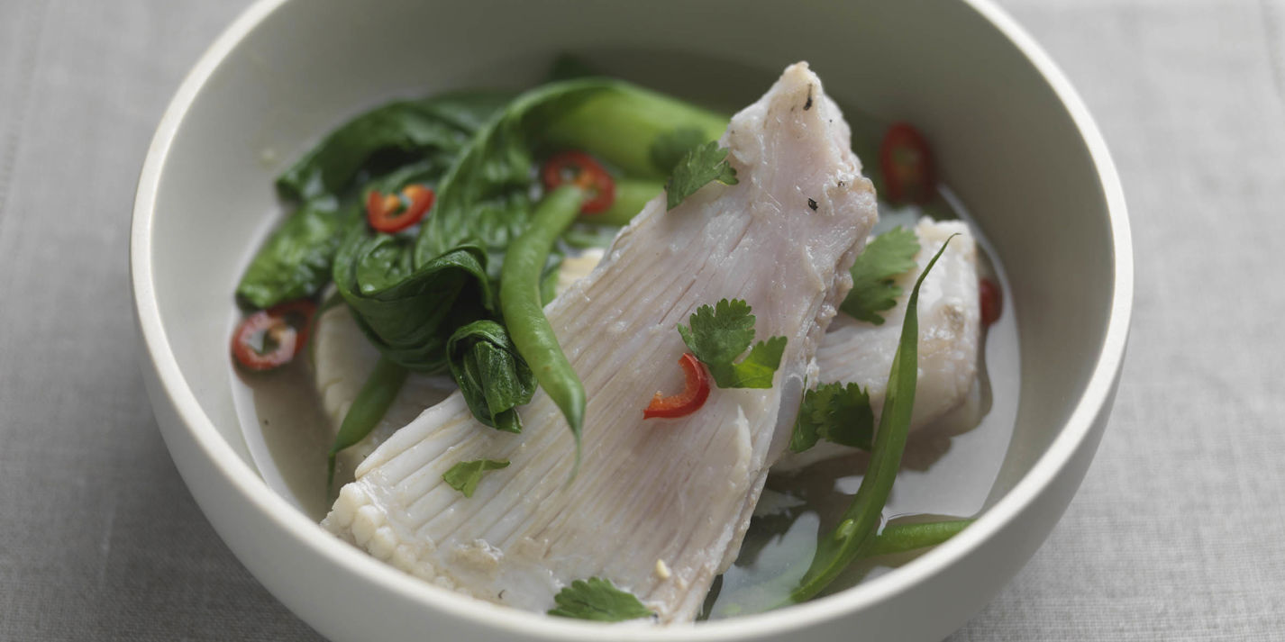 Skate wings poached in miso and ginger with chilli and coriander