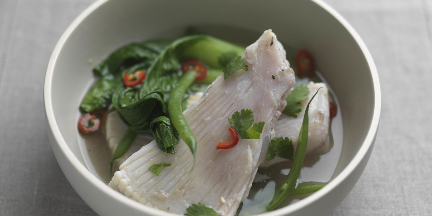 Skate wings poached in miso and ginger with chilli and coriander