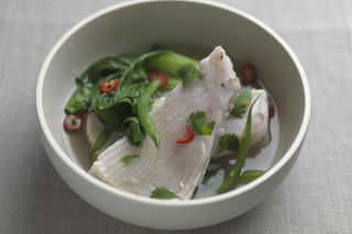 Skate wings poached in miso and ginger with chilli and coriander