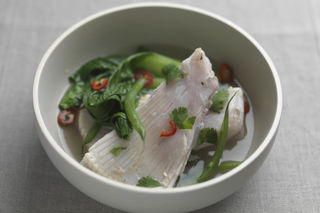 Skate wings poached in miso and ginger with chilli and coriander
