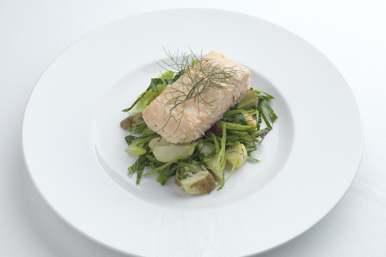 Hot lapsang souchong smoked salmon, new potatoes and spring green salad